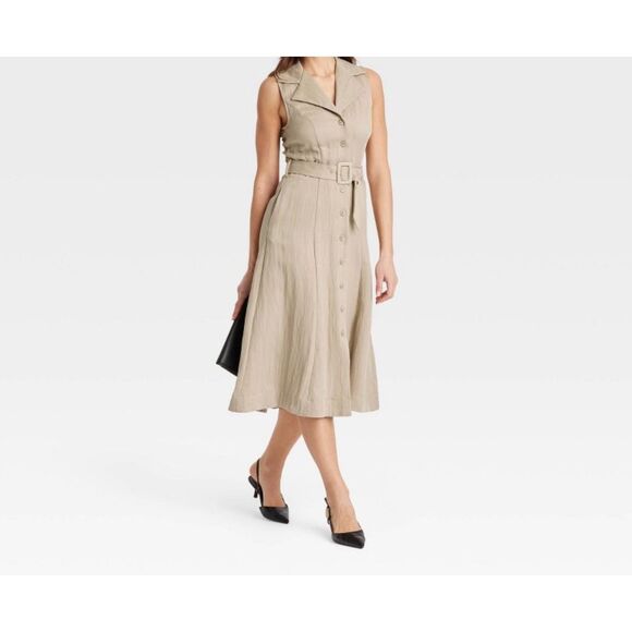 Women’s-tie-waist-midi-shirtdress-a-new-day khaki Size XL - Picture 3 of 5